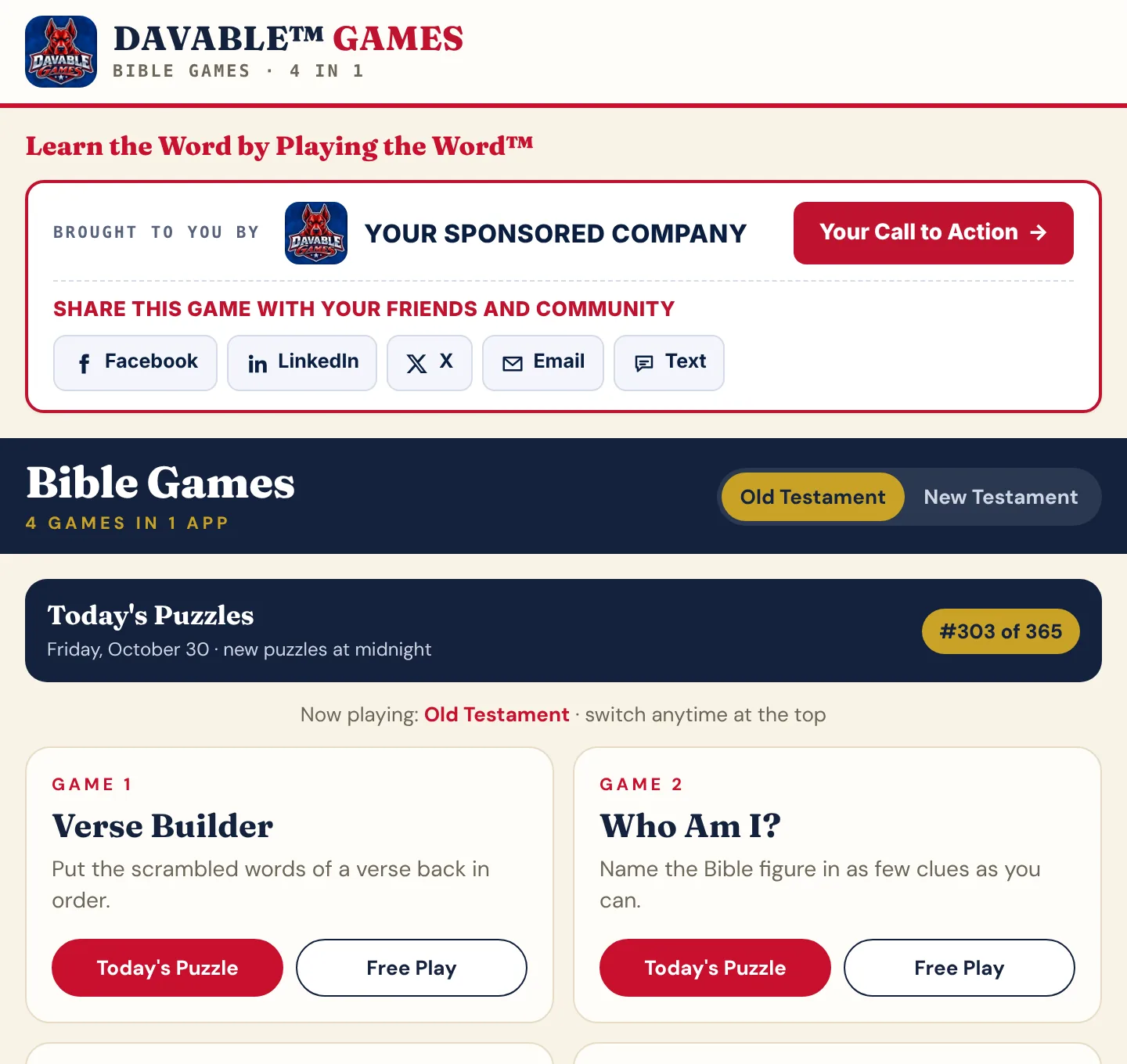 The top of Bible Games as players see it on a sponsor's website: the DAVABLE™ GAMES header and tagline, the sponsor banner (Brought to you by, your logo with your name, your call-to-action button, then the Facebook, LinkedIn, X, Email and Text share buttons), and the start of the games