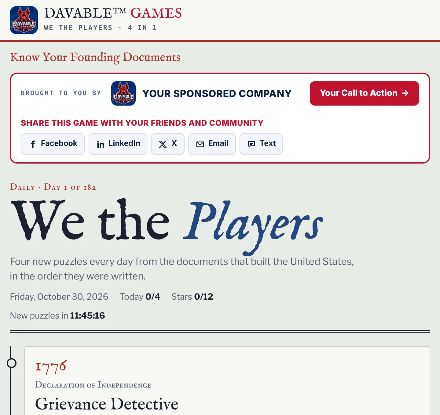 The top of We the Players as players see it on a sponsor's website: the DAVABLE™ GAMES header and tagline, the sponsor banner (Brought to you by, your logo with your name, your call-to-action button, then the Facebook, LinkedIn, X, Email and Text share buttons), and the start of the games