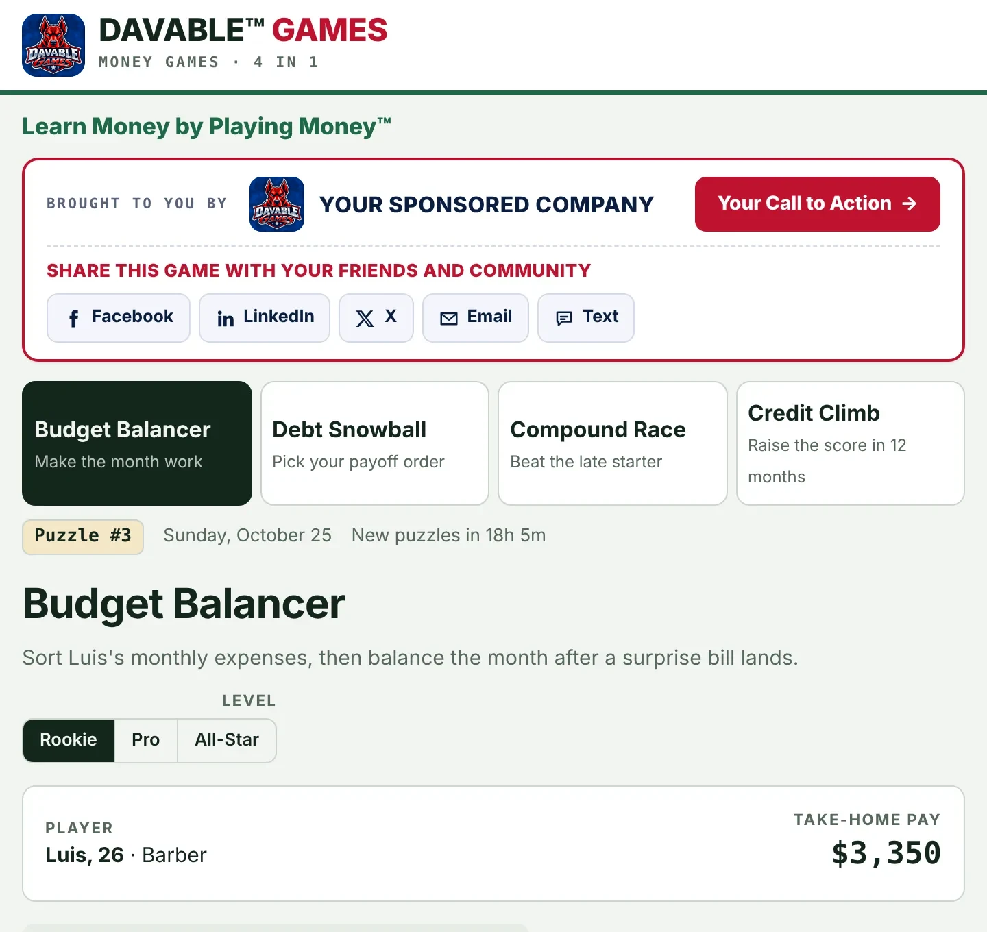 The top of Money Games as players see it on a sponsor's website: the DAVABLE™ GAMES header and tagline, the sponsor banner (Brought to you by, your logo with your company name, your call-to-action button, then the Facebook, LinkedIn, X, Email and Text share buttons), and the start of the games