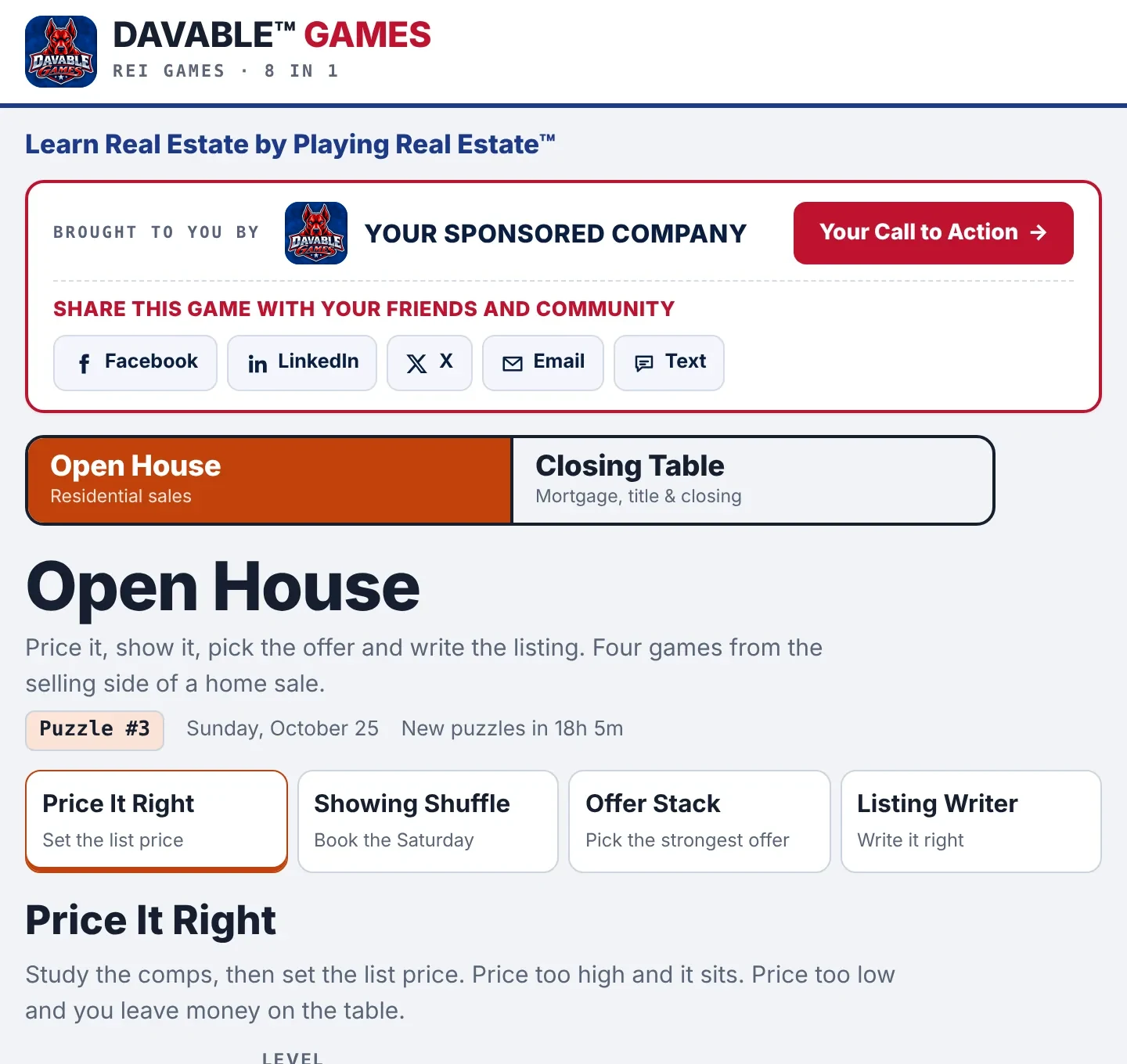 The top of REI Games as players see it on a sponsor's website: the DAVABLE™ GAMES header and tagline, the sponsor banner (Brought to you by, your logo with your company name, your call-to-action button, then the Facebook, LinkedIn, X, Email and Text share buttons), and the start of the games
