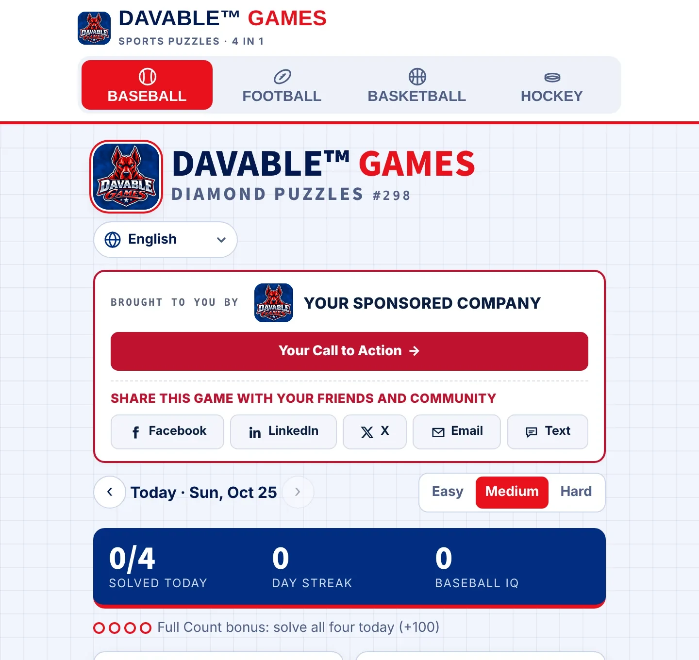 The top of Sports Puzzles as players see it on a sponsor's website: the DAVABLE™ GAMES header and tagline, the sponsor banner (Brought to you by, your logo with your company name, your call-to-action button, then the Facebook, LinkedIn, X, Email and Text share buttons), and the start of the games